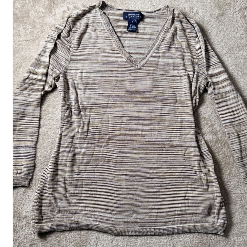 Jones New York Women Small Striped 100% Silk V-Neck Top 90s ButterMom Tuscan Mom